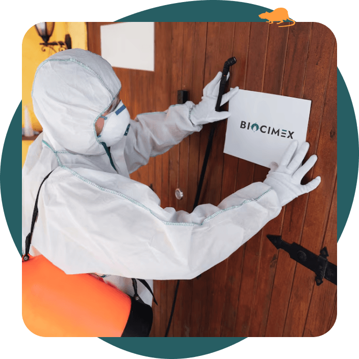 Technicien biocimex qui sécurise les lieux d'une intervention en accrochant une affiche