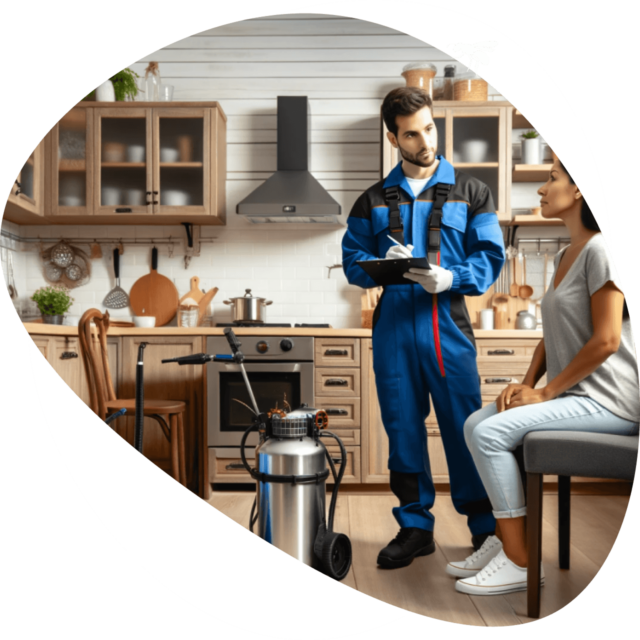 Technicien en dératisation, désinsectisation et désinfection posant un diagnostic avec une cliente à domicile.
